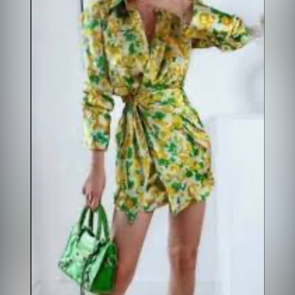 Zara Yellow Floral Mini Dress with Green Accents